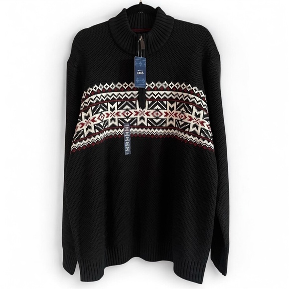 NWT IZOD Amazing Glaze II Fair Isle Black 1/4 Zip Mock Neck Pullover Sweater - Picture 1 of 10